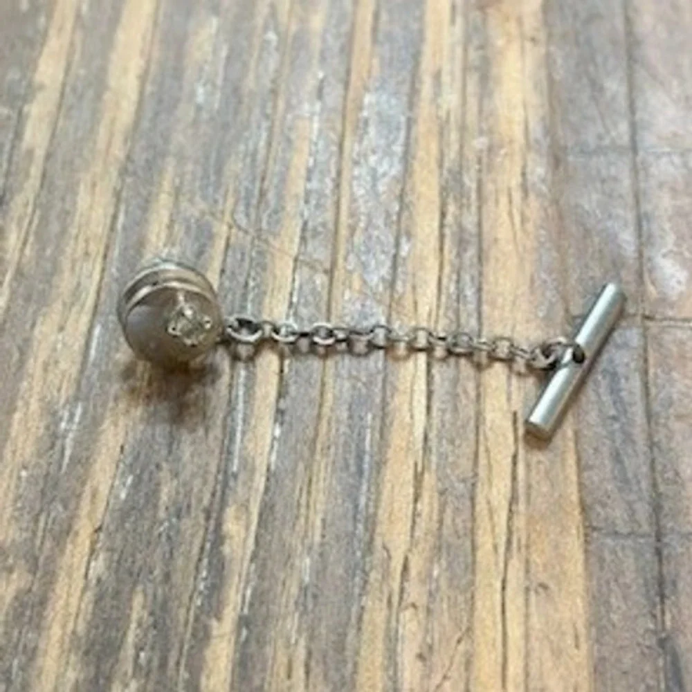 Vtg Silver Tone Rhinestone Tie Tack with Chain and T-Bar Anchor Mens Accessory